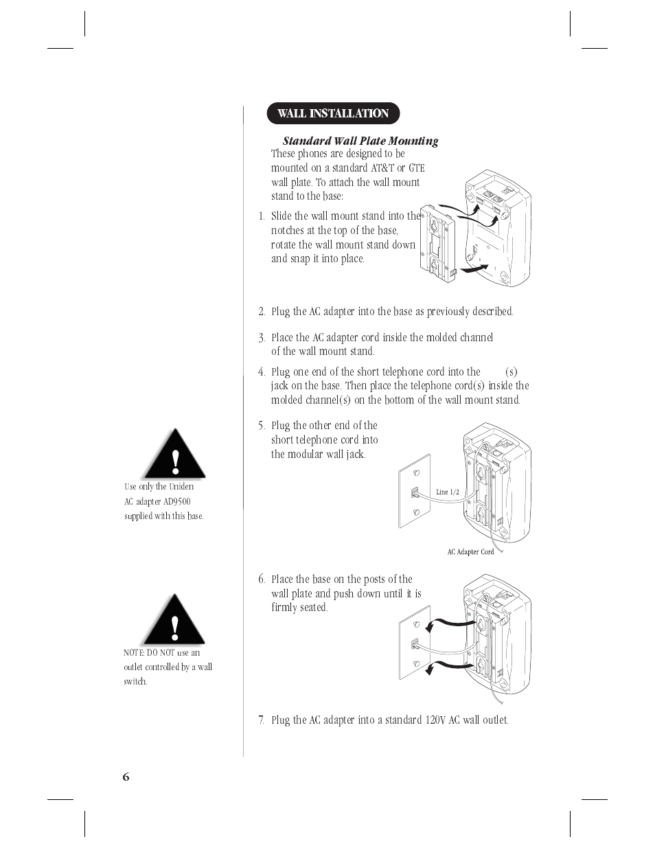 Wall installation 6, Installing your ana9620 6, Selecting the installation location 6 | Connecting the telephone line 6 | Uniden ANA9620 User Manual | Page 7 / 32