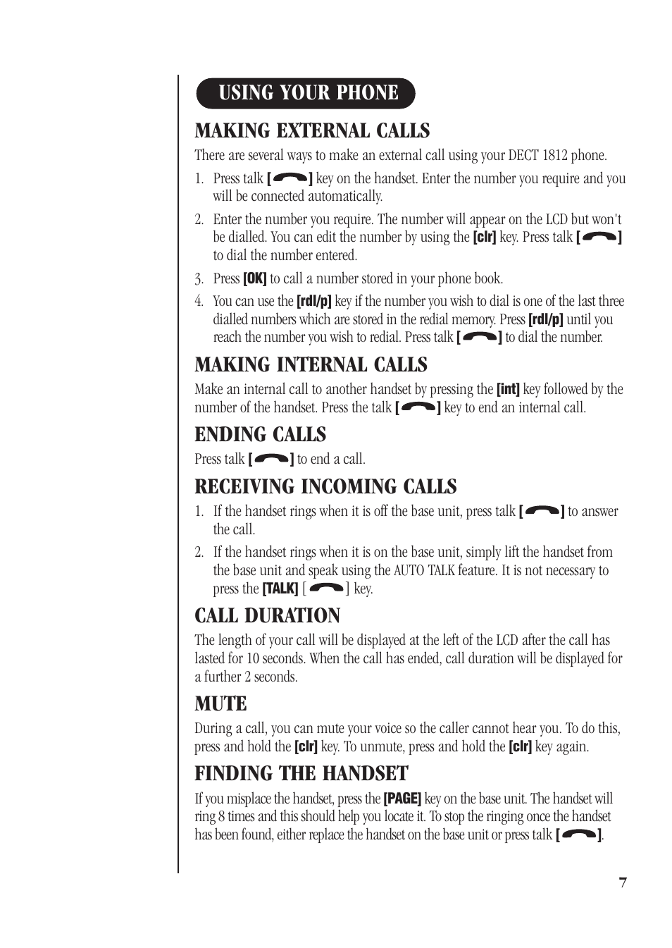 Making external calls, Making internal calls, Ending calls | Receiving incoming calls, Call duration, Mute, Finding the handset, Using your phone | Uniden DECT 1812 User Manual | Page 11 / 28