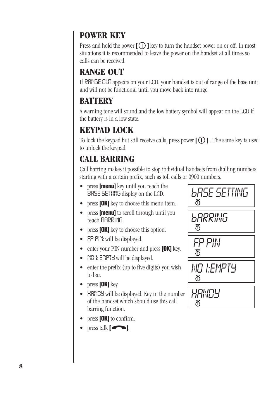 Power key, Range out, Battery | Keypad lock, Call barring | Uniden DECT 1812 User Manual | Page 12 / 28
