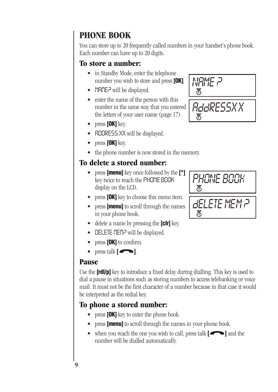 Phone book, Pause | Uniden DECT 1812 User Manual | Page 13 / 28
