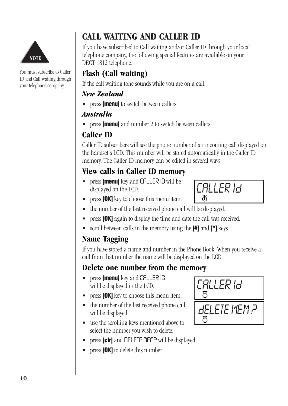 Call waiting and caller id, Flash (call waiting), Caller id | Name tagging | Uniden DECT 1812 User Manual | Page 14 / 28