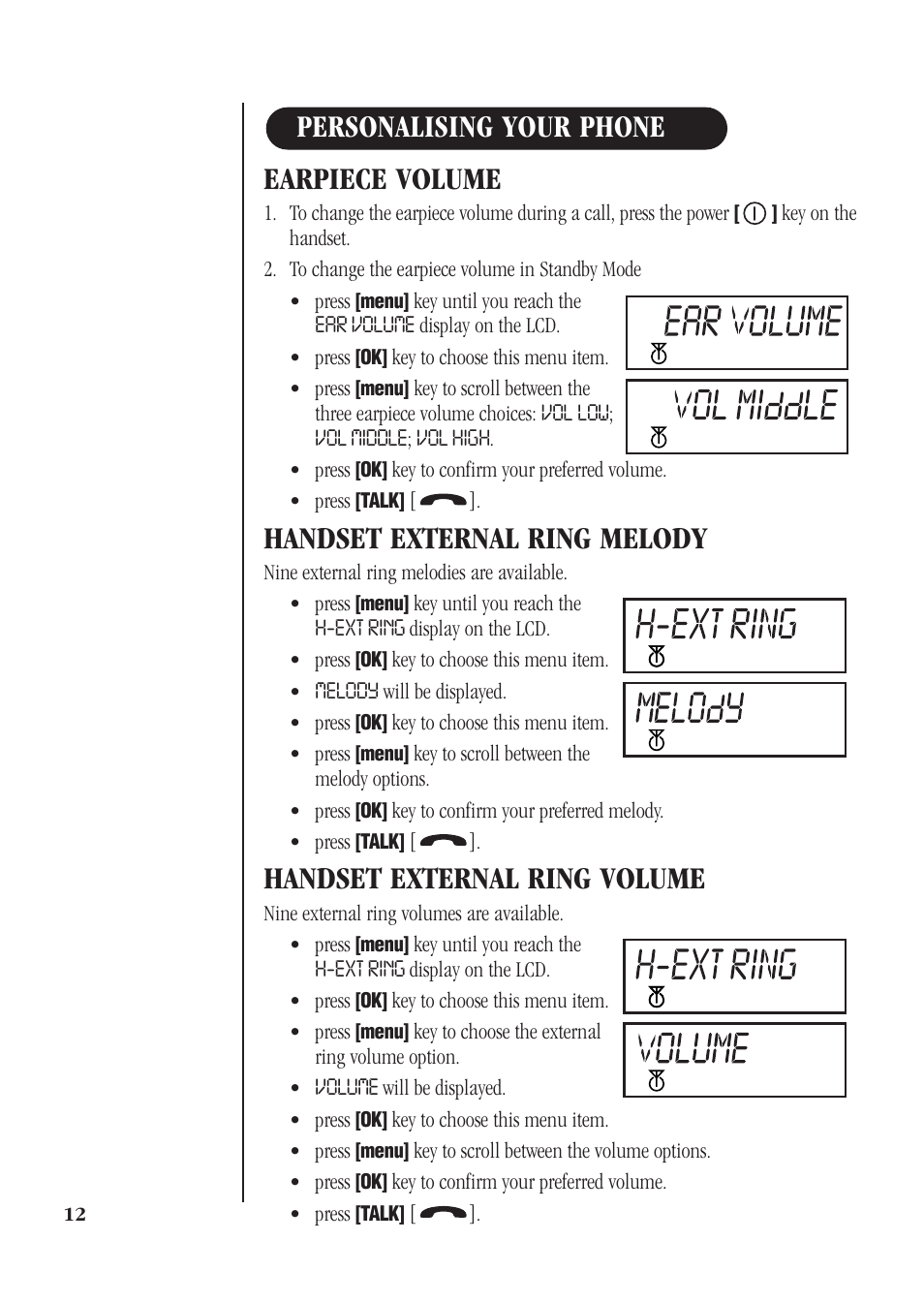 Earpiece volume, Handset external ring melody, Handset external ring volume | Personalising your phone | Uniden DECT 1812 User Manual | Page 16 / 28
