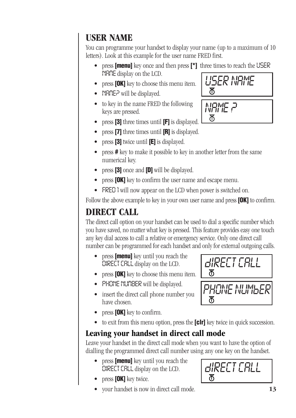 User name, Direct call, Leaving your handset in direct call mode | Uniden DECT 1812 User Manual | Page 17 / 28