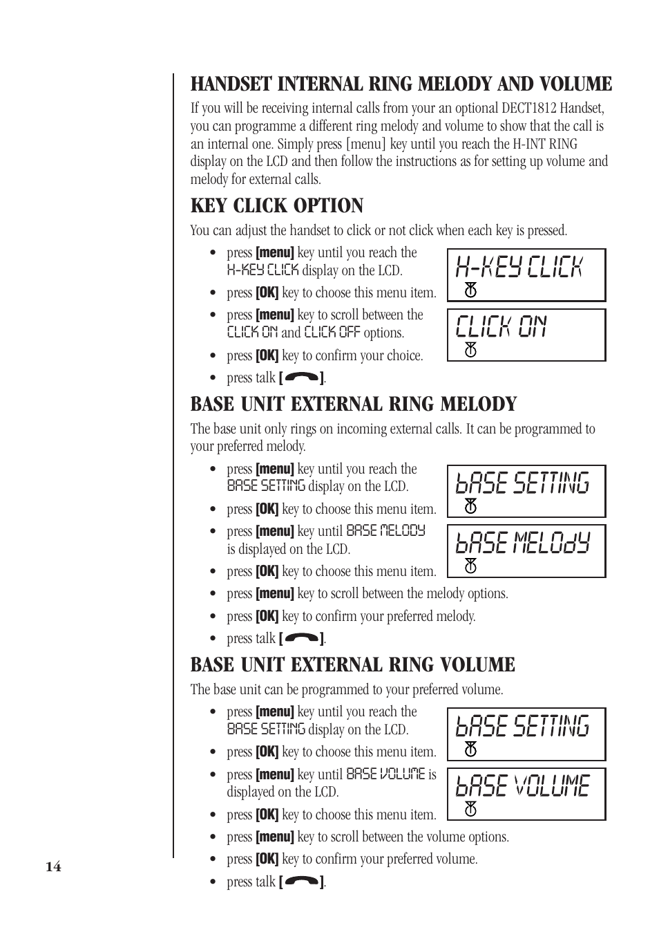 Handset internal ring melody and volume, Key click option, Base unit external ring melody | Base unit external ring volume | Uniden DECT 1812 User Manual | Page 18 / 28