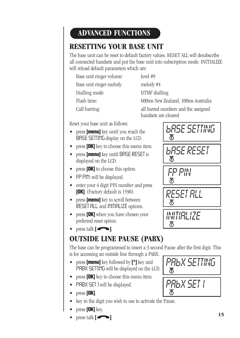 Reset reset all, Resetting your base unit, Outside line pause (pabx) | Advanced functions | Uniden DECT 1812 User Manual | Page 19 / 28