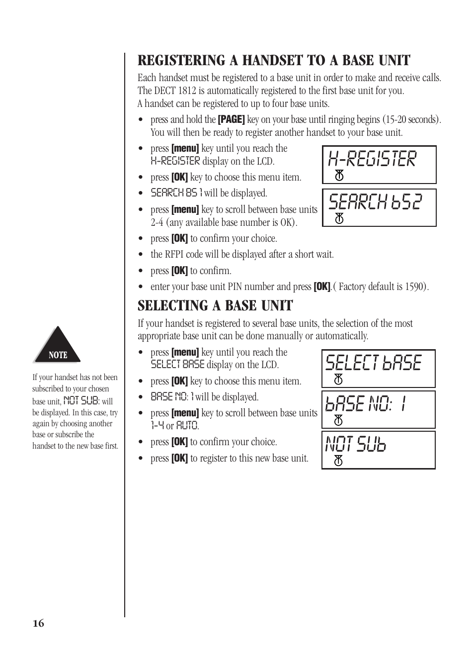 H-register, Registering a handset to a base unit, Selecting a base unit | Uniden DECT 1812 User Manual | Page 20 / 28