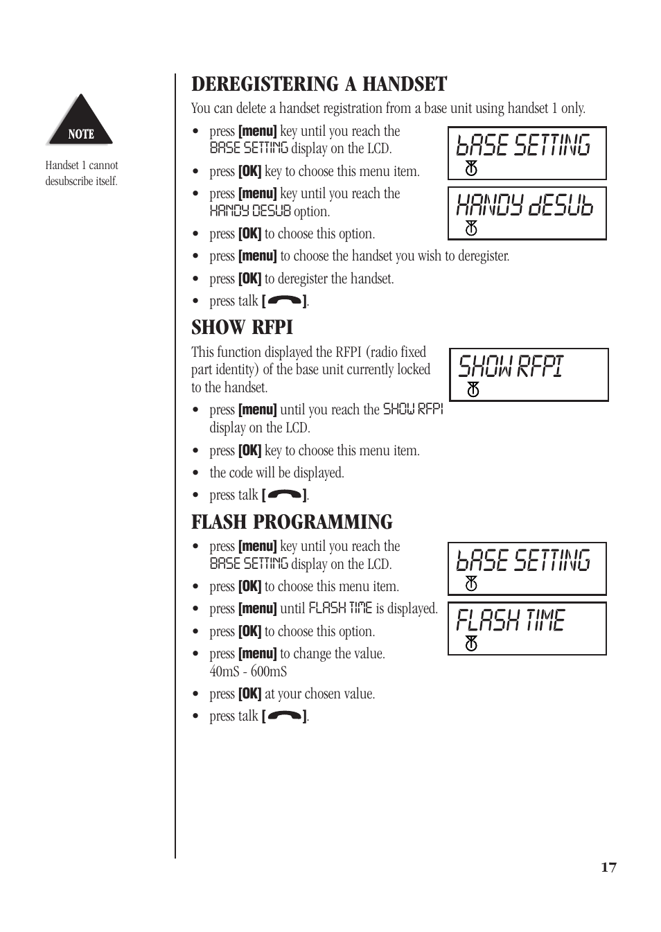 Deregistering a handset, Show rfpi, Flash programming | Uniden DECT 1812 User Manual | Page 21 / 28