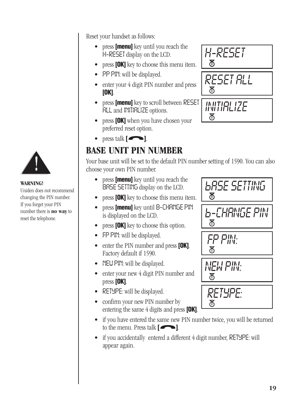 H-reset reset all, Base unit pin number | Uniden DECT 1812 User Manual | Page 23 / 28
