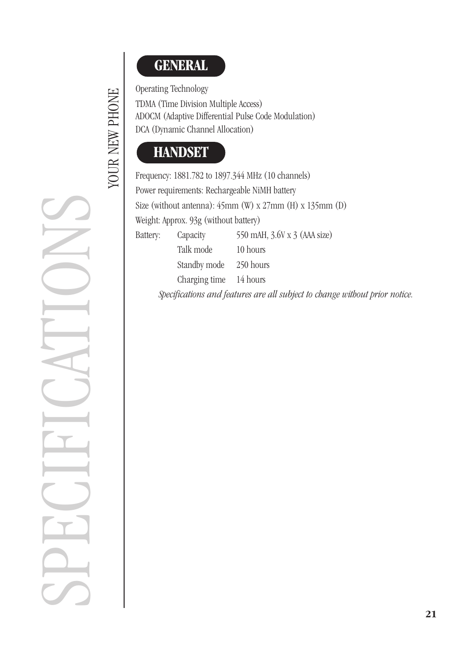 Specifica tions | Uniden DECT 1812 User Manual | Page 25 / 28