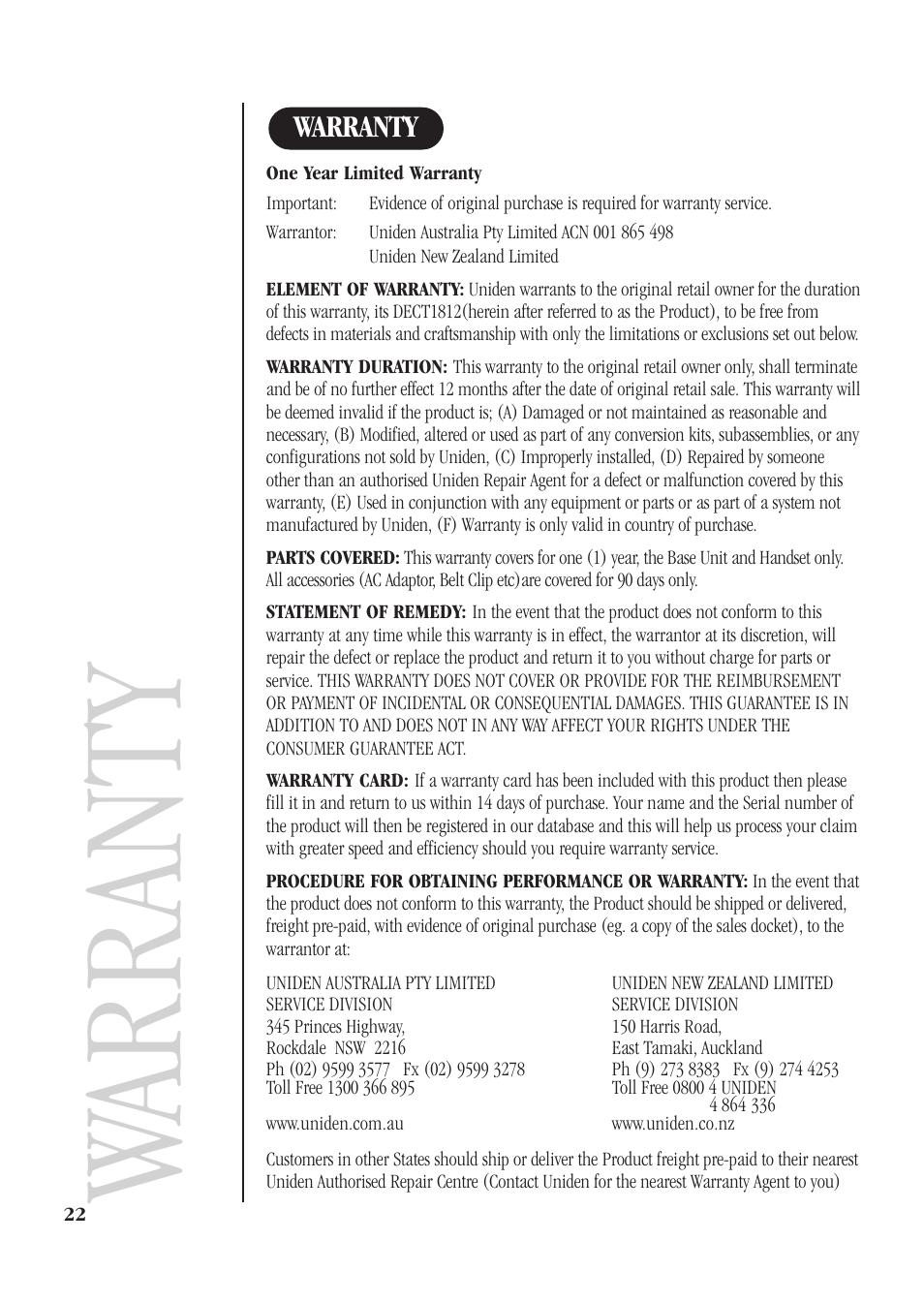 Warranty | Uniden DECT 1812 User Manual | Page 26 / 28