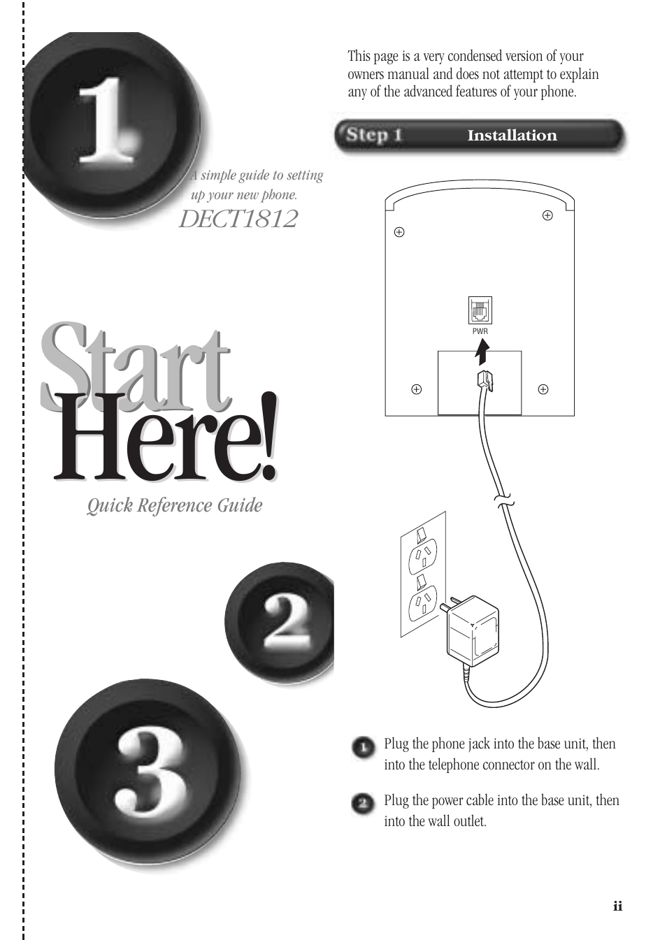 Start, Start here! here | Uniden DECT 1812 User Manual | Page 3 / 28