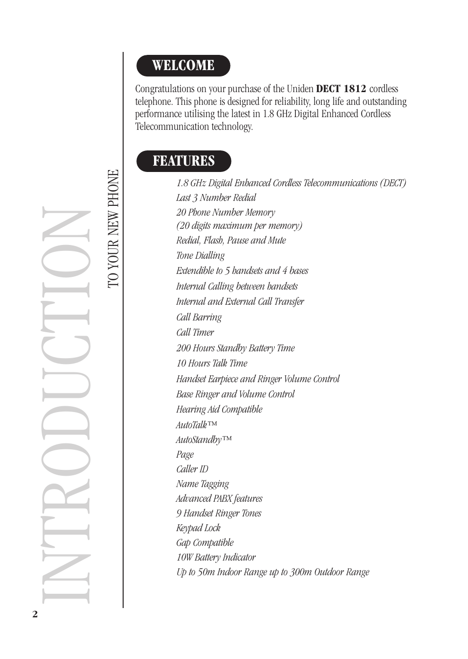 Introduction, Features welcome to your new phone | Uniden DECT 1812 User Manual | Page 6 / 28