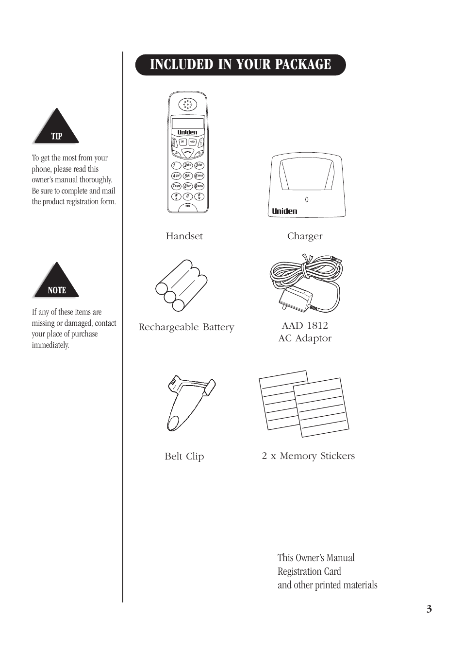 Included in your package, This owner’s manual, Registration card | And other printed materials, Handset charger | Uniden DECT 1812 User Manual | Page 7 / 28
