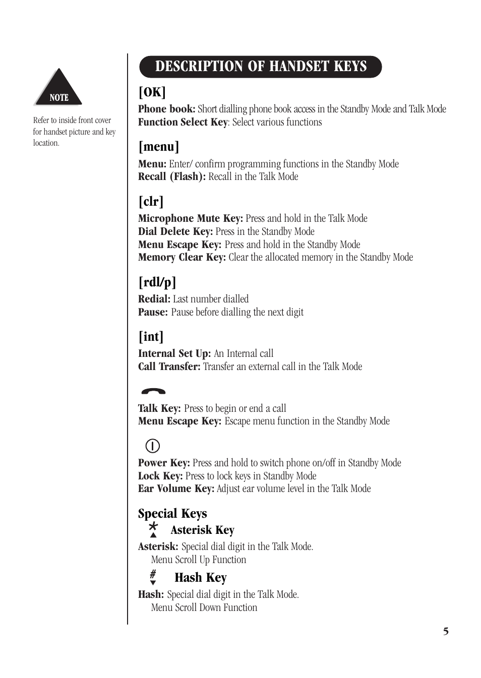 Description of handset keys | Uniden DECT 1812 User Manual | Page 9 / 28