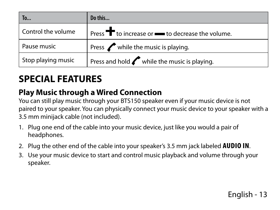 Special features, English - 13, Play music through a wired connection | Uniden BTS150 User Manual | Page 13 / 20