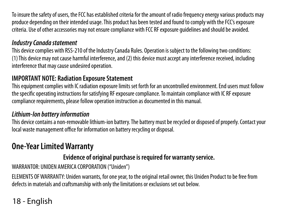 One-year limited warranty, 18 - english | Uniden BTS150 User Manual | Page 18 / 20