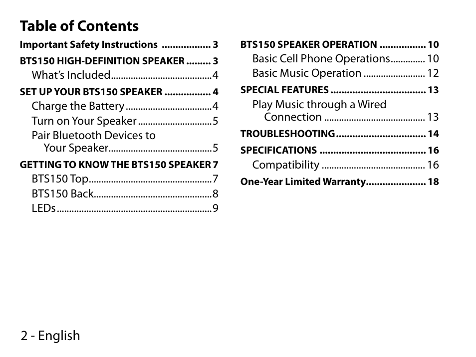 Uniden BTS150 User Manual | Page 2 / 20