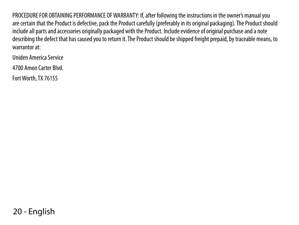 20 - english | Uniden BTS150 User Manual | Page 20 / 20