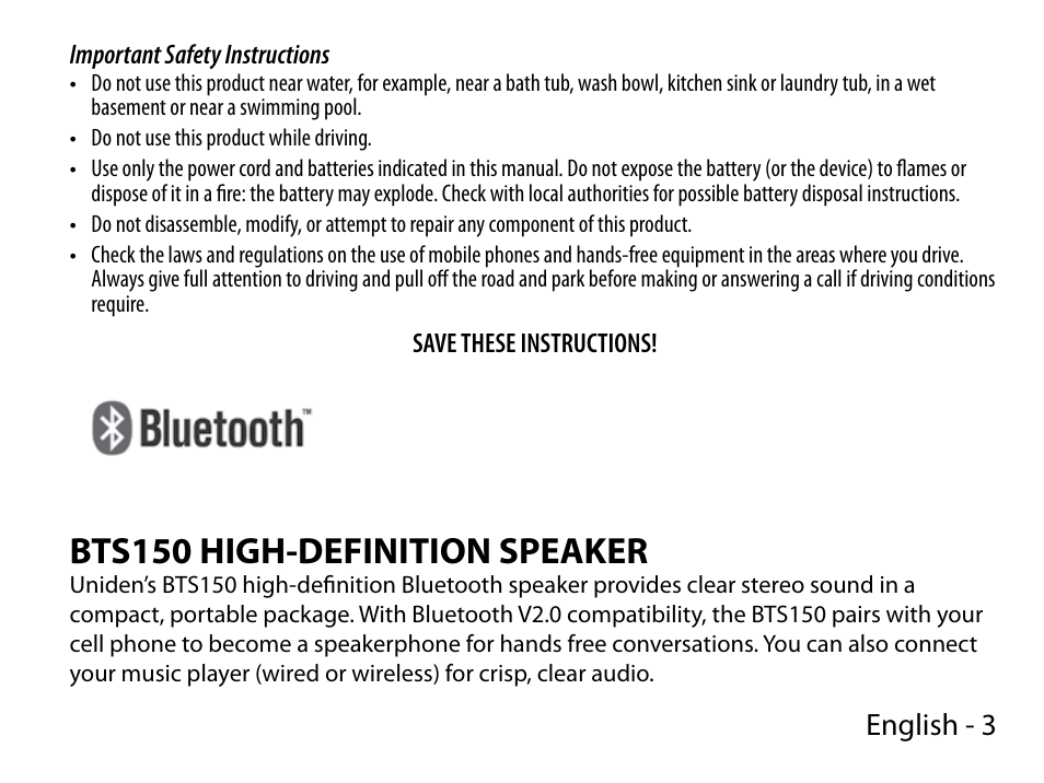 Bts150 high-definition speaker, English - 3 | Uniden BTS150 User Manual | Page 3 / 20