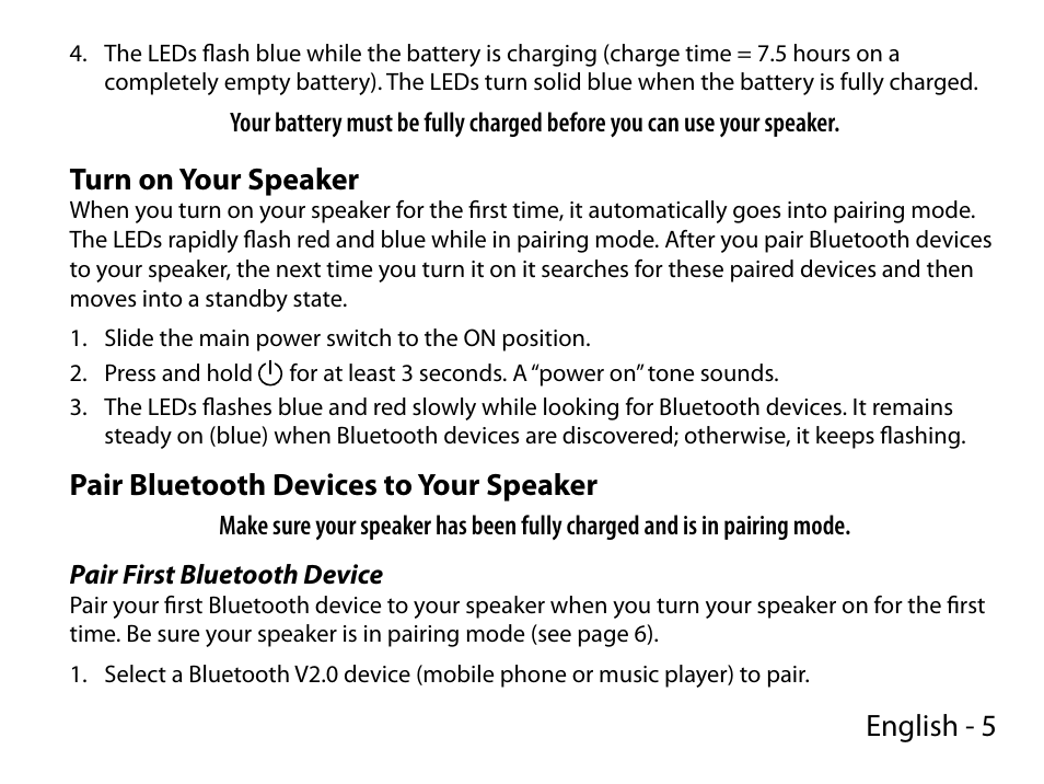 English - 5, Turn on your speaker, Pair bluetooth devices to your speaker | Uniden BTS150 User Manual | Page 5 / 20