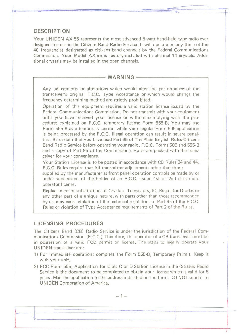 Warning, Licensing procedures, Description | Uniden AX55 User Manual | Page 2 / 8