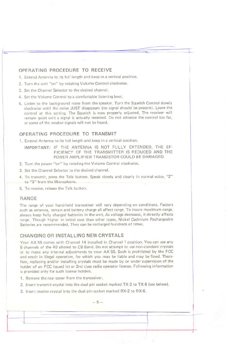 Operating procedure to receive, Operating procedure to transmit, Range | Changing or installing new crystals | Uniden AX55 User Manual | Page 6 / 8