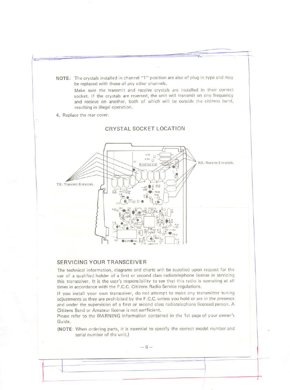 Crystal socket location, Servicing your transceiver | Uniden AX55 User Manual | Page 7 / 8