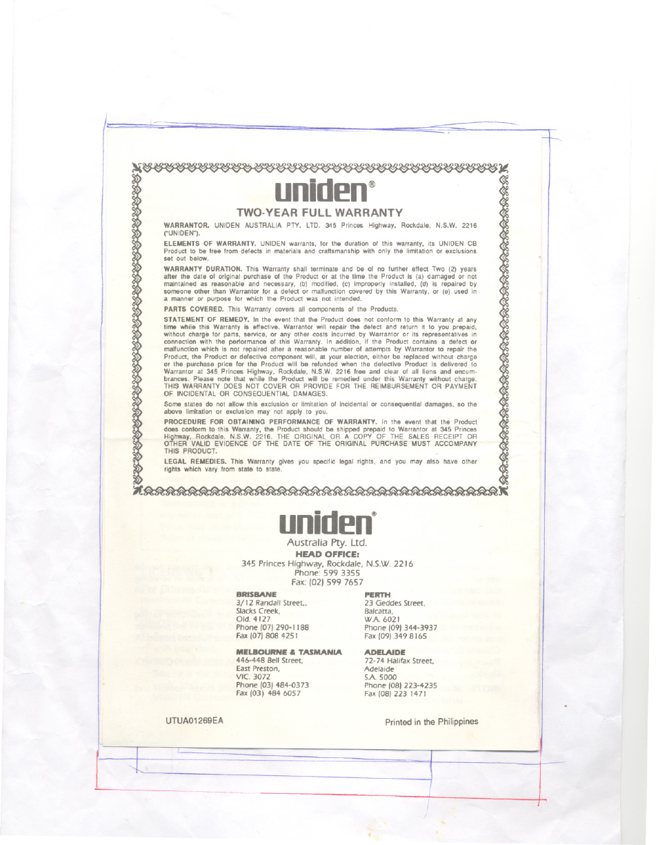 Two-year full warranty, Australia pty. ltd, Uniden | Head ofrce, Brisbane, Melbourne b tasmania, Perth, Adelaide, Runloen") | Uniden AX55 User Manual | Page 8 / 8