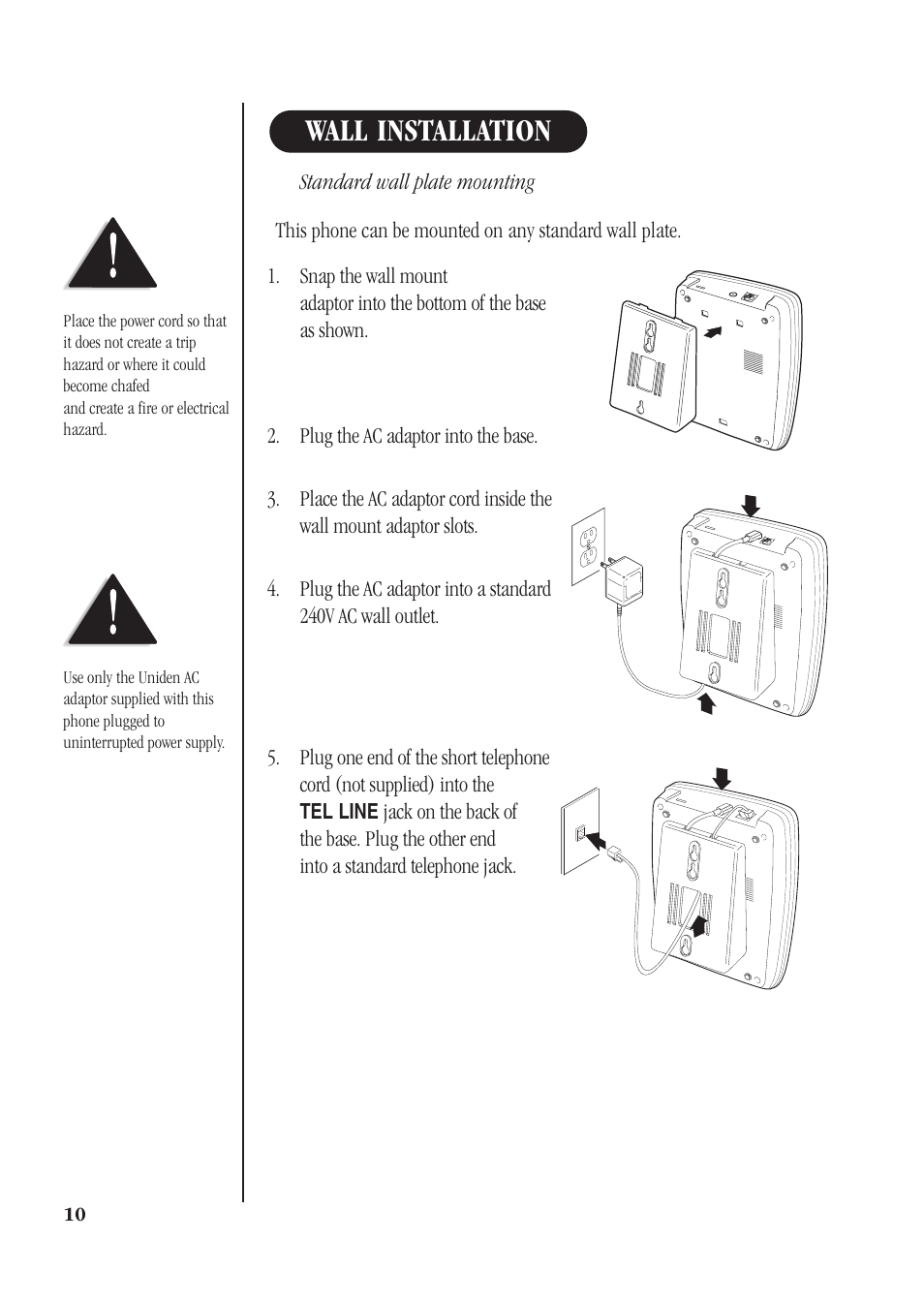 Wall installation | Uniden DS72 User Manual | Page 12 / 34