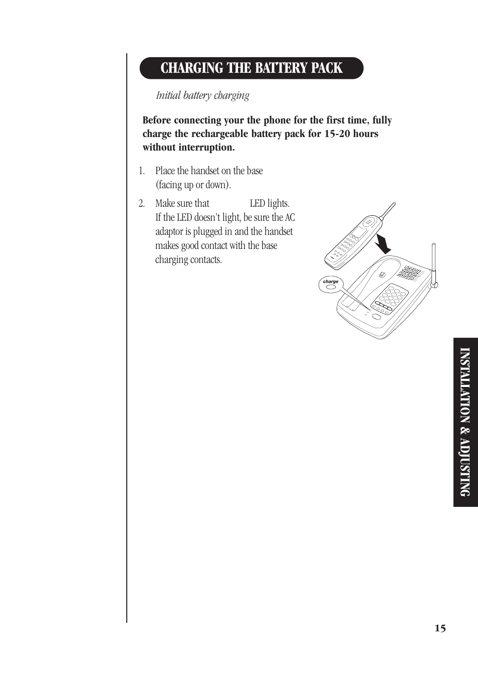 Charging the battery pack, Inst alla tion & adjusting | Uniden DS72 User Manual | Page 17 / 34