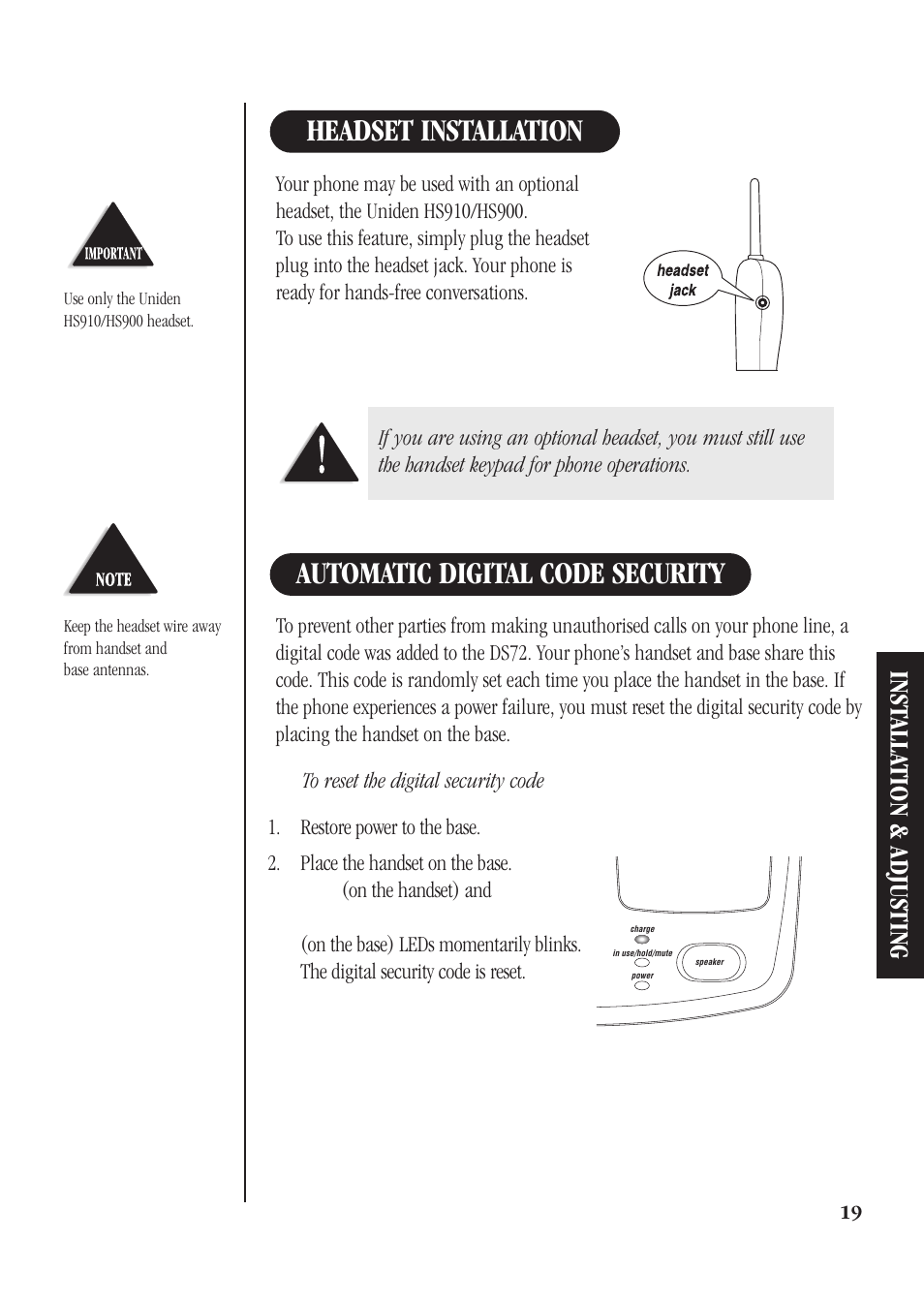 Automatic digital code security, Headset installation, Inst alla tion & adjusting | Uniden DS72 User Manual | Page 21 / 34