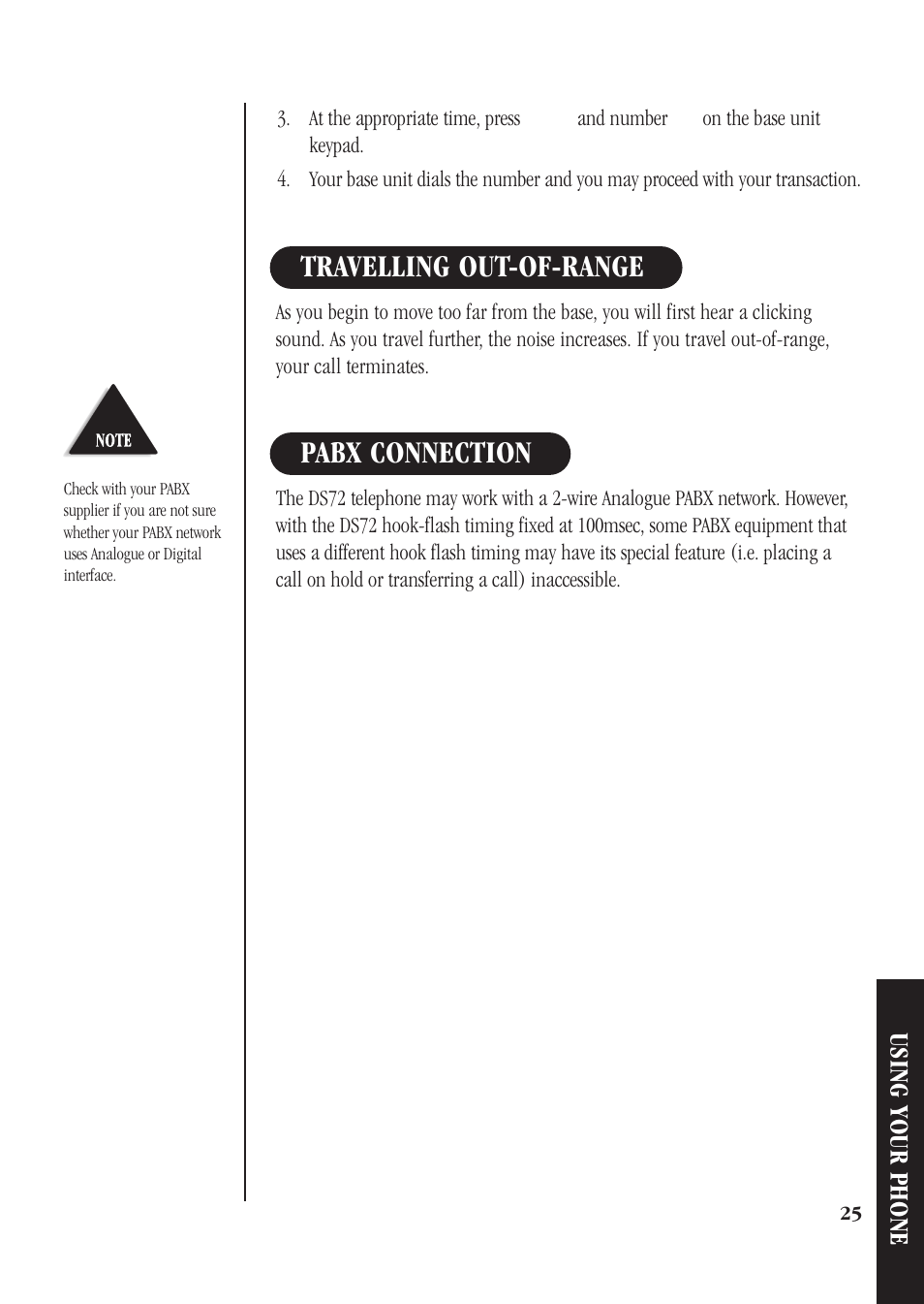 Pabx connection travelling out-of-range, Using your phone | Uniden DS72 User Manual | Page 27 / 34