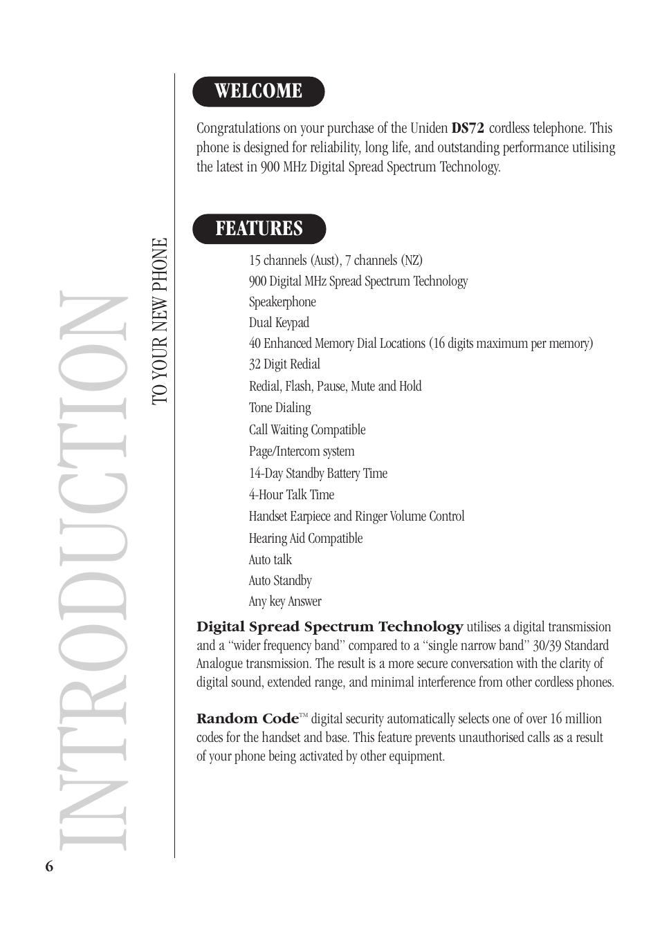 Introduction, Features welcome to your new phone | Uniden DS72 User Manual | Page 8 / 34