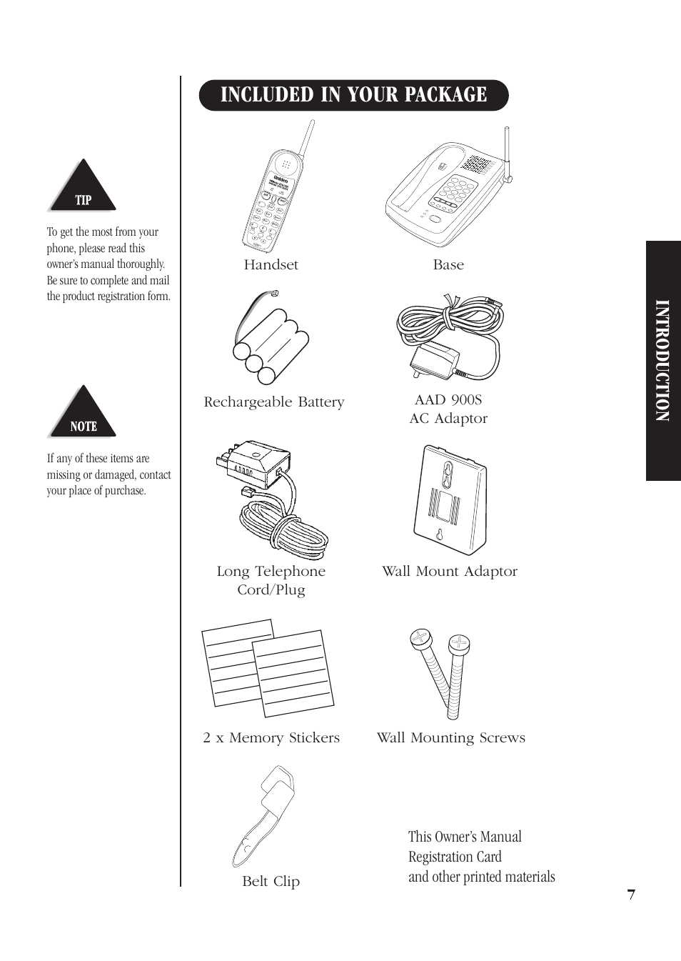 Included in your package, Introduction, This owner’s manual | Registration card, And other printed materials, Belt clip | Uniden DS72 User Manual | Page 9 / 34