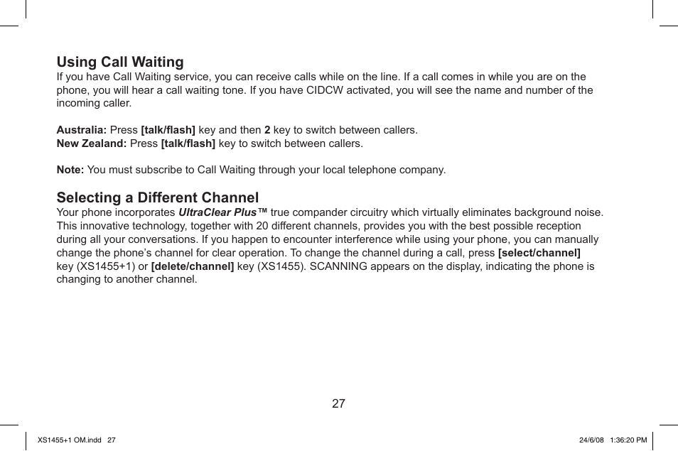 Using.call.waiting, Selecting.a.different.channel | Uniden XS1455/1455+1 User Manual | Page 28 / 64