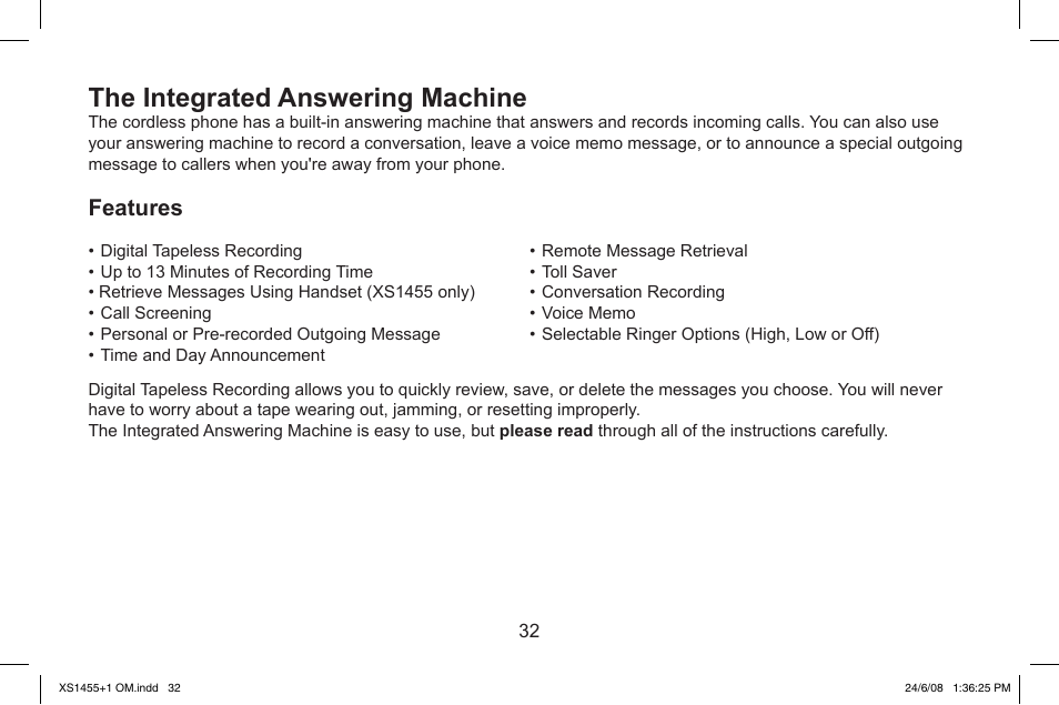 The.integrated.answering.machine, Features | Uniden XS1455/1455+1 User Manual | Page 33 / 64