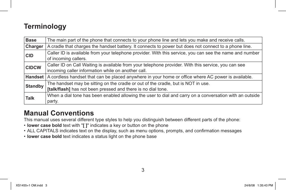Terminology, Manual.conventions | Uniden XS1455/1455+1 User Manual | Page 4 / 64