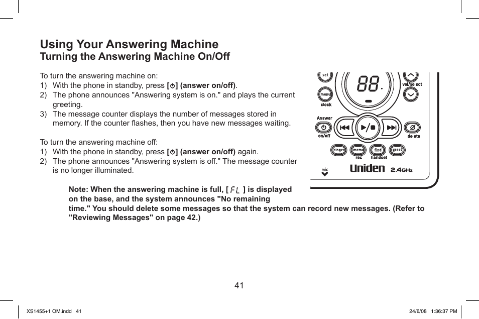 Using.your.answering.machine, Turning.the.answering.machine.on/off | Uniden XS1455/1455+1 User Manual | Page 42 / 64