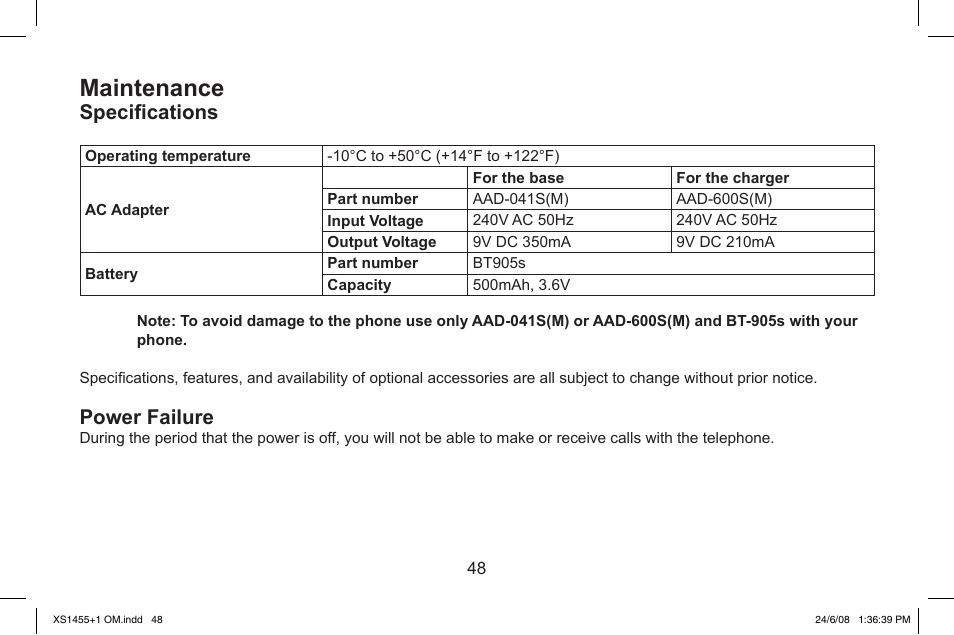Maintenance, Specifications, Power.failure | Uniden XS1455/1455+1 User Manual | Page 49 / 64