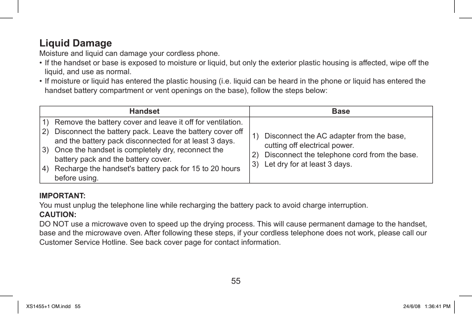 Liquid damage | Uniden XS1455/1455+1 User Manual | Page 56 / 64