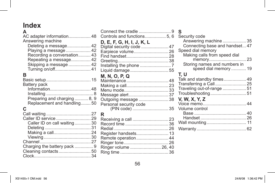 Index | Uniden XS1455/1455+1 User Manual | Page 57 / 64