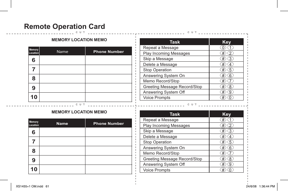 Remote.operation.card | Uniden XS1455/1455+1 User Manual | Page 62 / 64