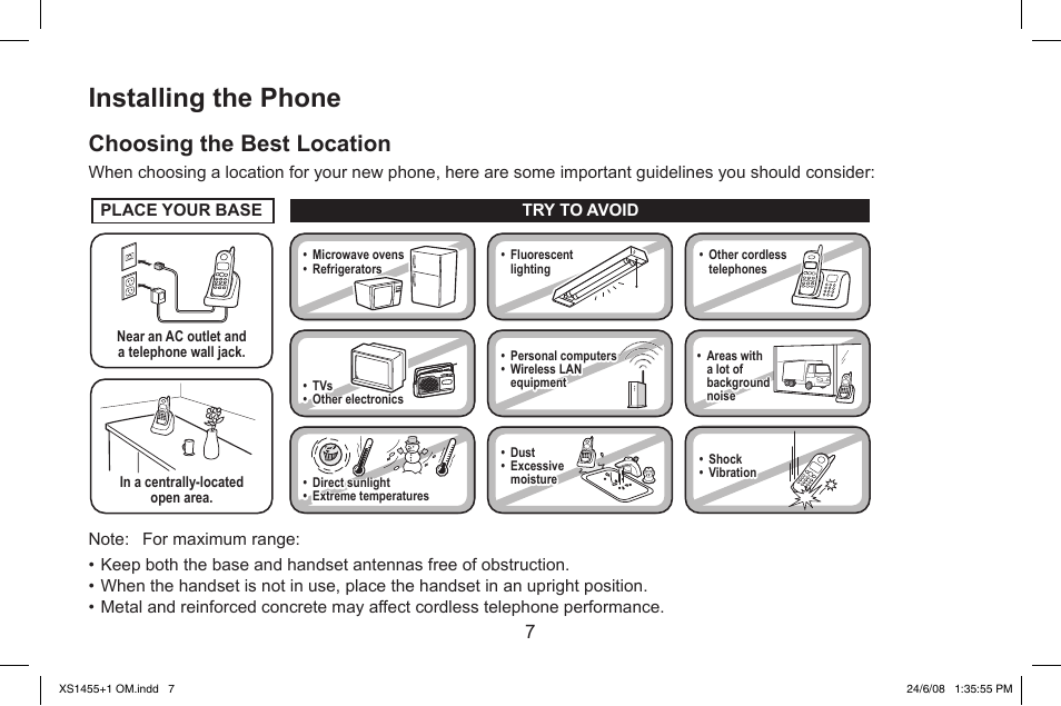 Installing.the.phone, Choosing.the.best.location | Uniden XS1455/1455+1 User Manual | Page 8 / 64