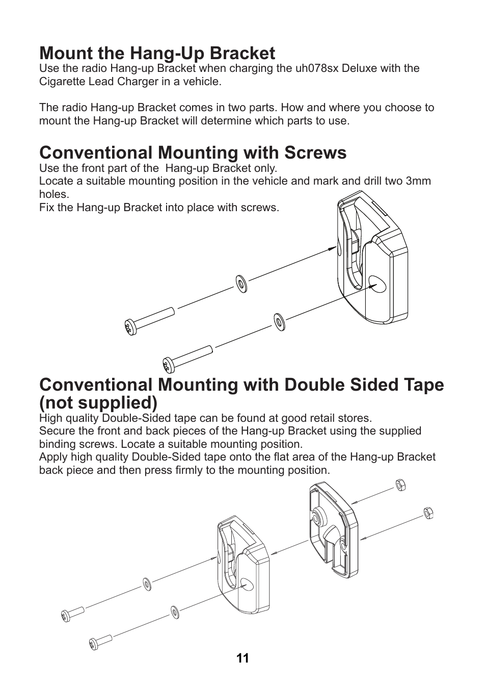 Conventional mounting with screws, Mount the hang-up bracket | Uniden uh078sx User Manual | Page 11 / 32