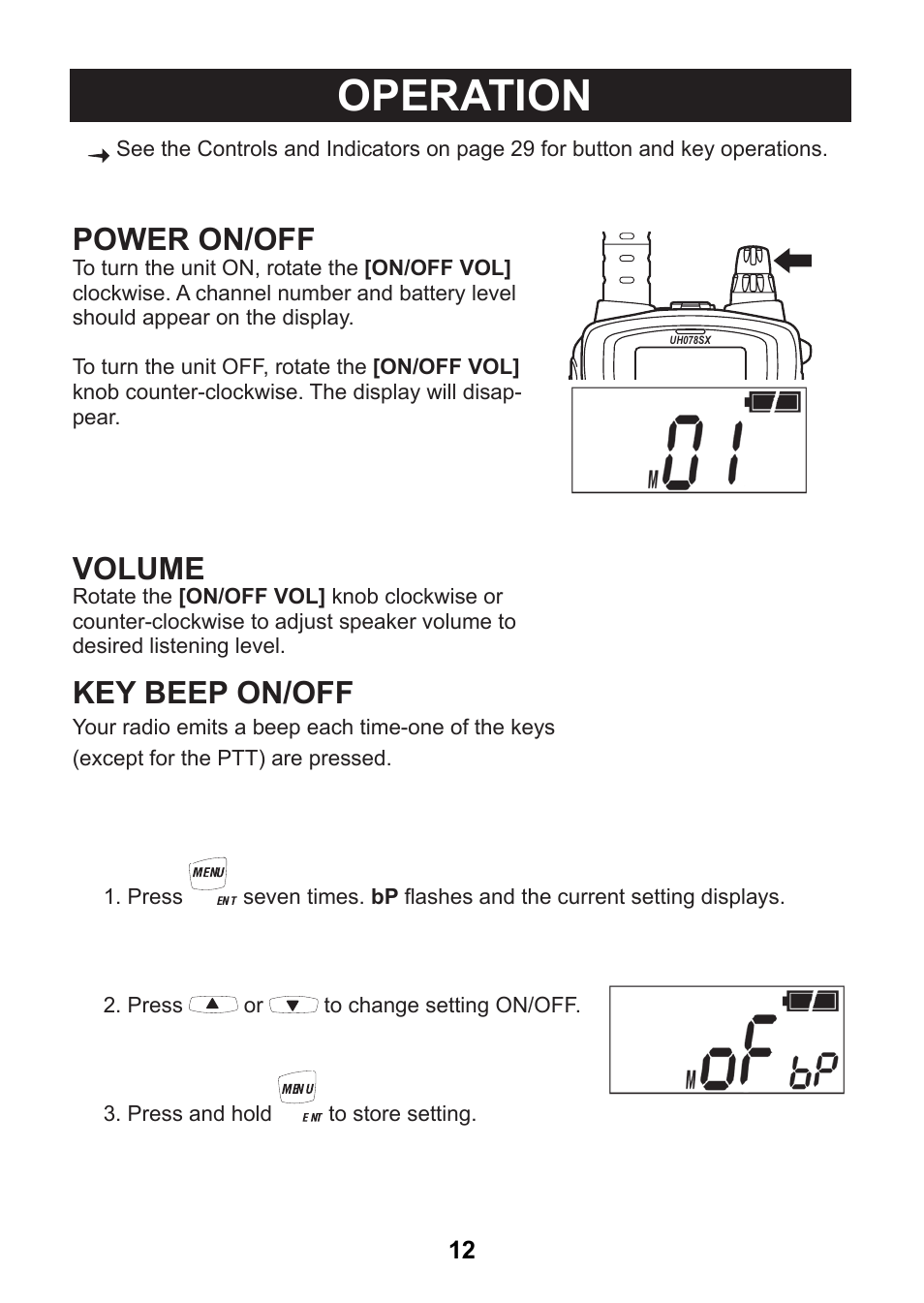 Operation, Power on/off, Volume | Key beep on/off | Uniden uh078sx User Manual | Page 12 / 32