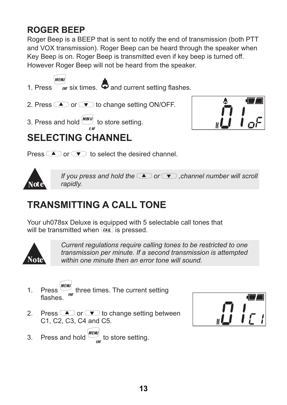 Selecting channel, Transmitting a call tone, 99 roger beep | Uniden uh078sx User Manual | Page 13 / 32