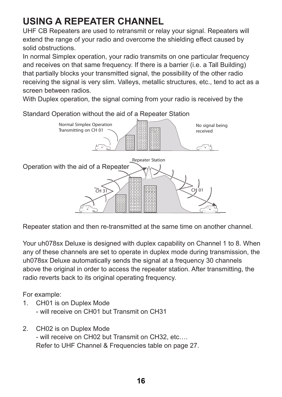 Using a repeater channel | Uniden uh078sx User Manual | Page 16 / 32