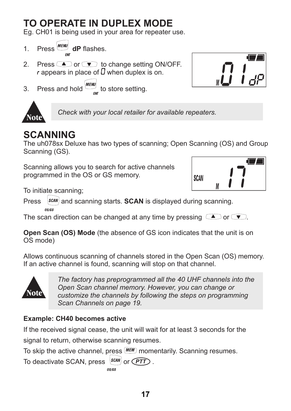 Scanning | Uniden uh078sx User Manual | Page 17 / 32