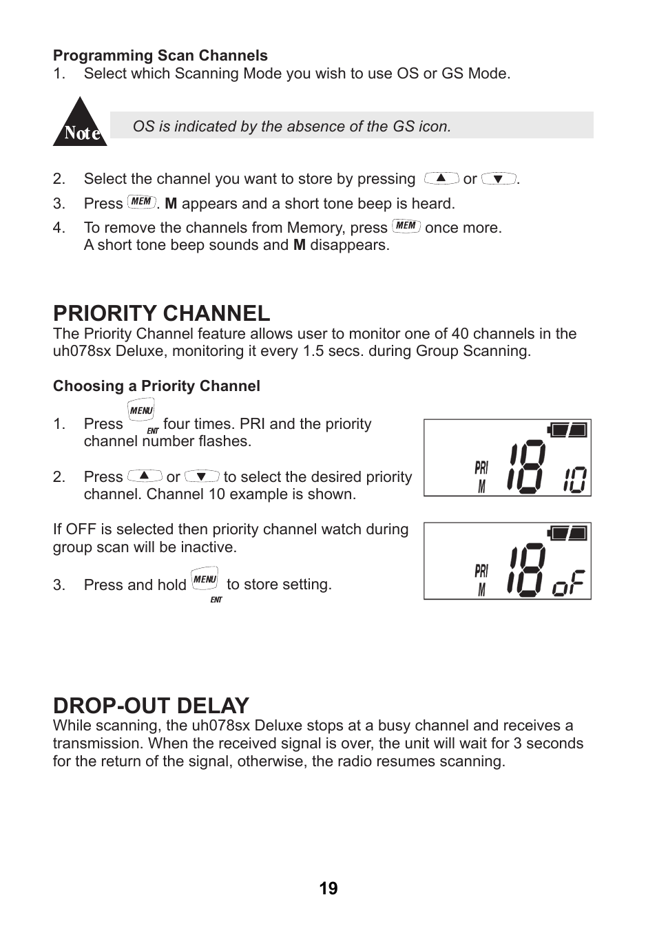 Priority channel, Drop-out delay | Uniden uh078sx User Manual | Page 19 / 32