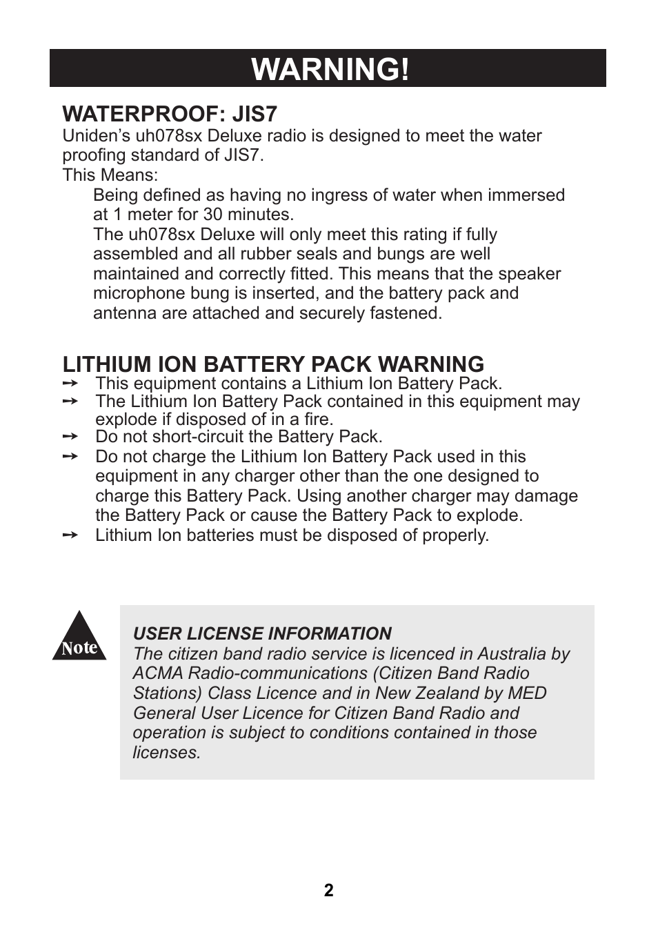 Warning, Waterproof: jis7, Lithium ion battery pack warning | Uniden uh078sx User Manual | Page 2 / 32